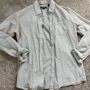 gray and white striped button up